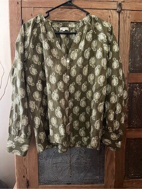 NATURA Olive Green Paisley-Print Button Down Blouse